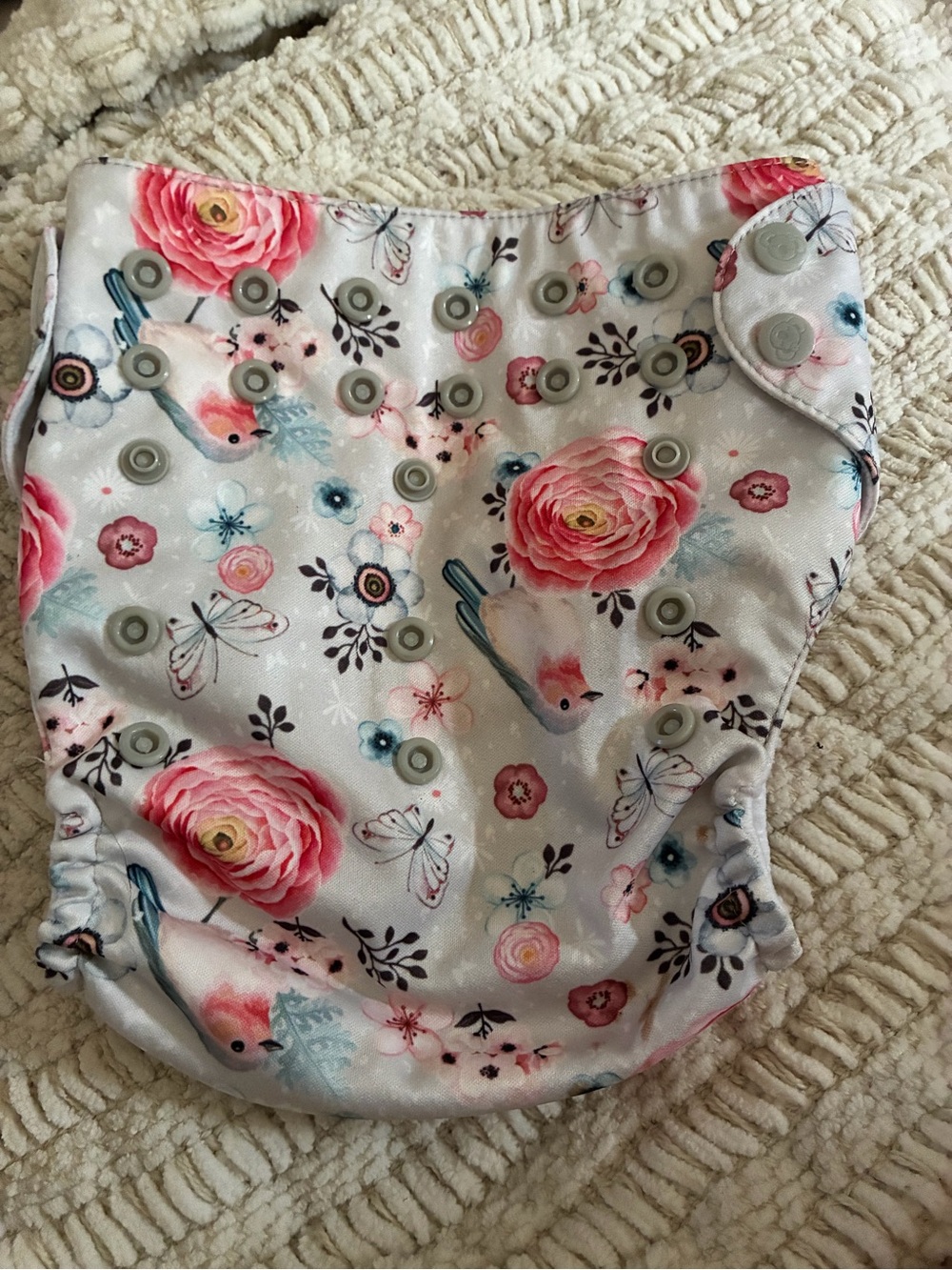 Adjustable Floral & Bird Cloth Diaper Cover — Pink Floral on Light Gray